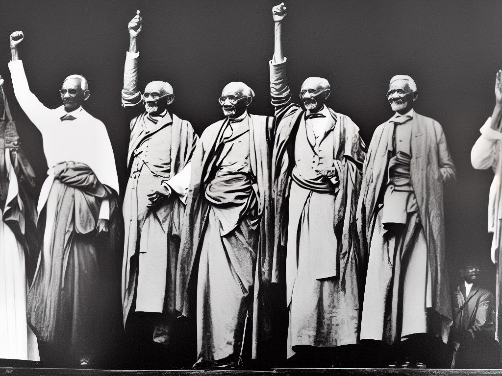 Illustration of Abraham Lincoln, Mahatma Gandhi, Susan B. Anthony, and Nelson Mandela standing together with their fists raised in the air in triumph.