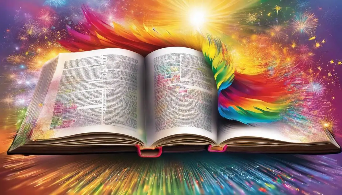 An image showing an open book with colorful positive quotes written on each page.