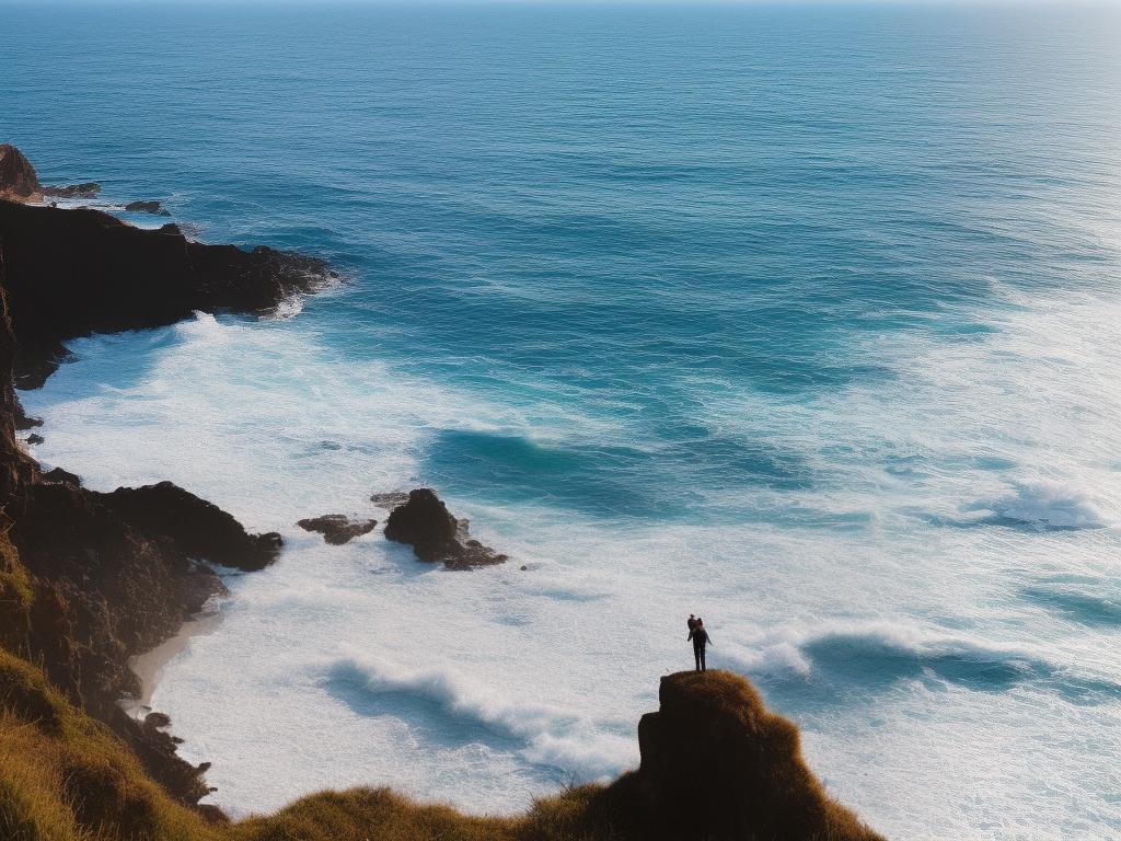 A person sitting on a cliff overlooking the ocean and the sun setting, with words 'positive thinking' on the image.