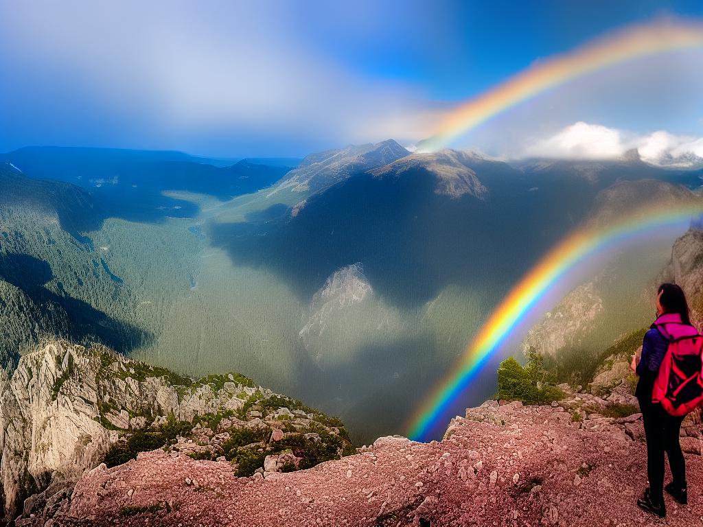 A woman looks up to a beautiful view of mountains and a rainbow, symbolizing positivity and hope.